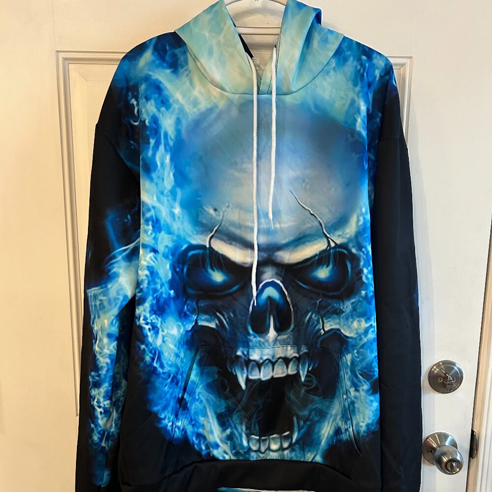 Men’s Heavyweight Blue Flaming Skull Hoodie Size 3XL